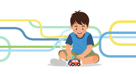 Child Playing With Toy Car Amidst Abstraction: Playtime, Happiness, and Childhood Concept