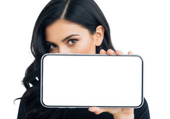 Young woman with long dark hair holding a smartphone with a blank screen in front of her face transparent background