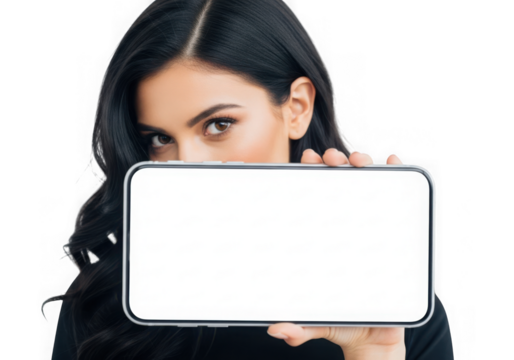 Young woman with long dark hair holding a smartphone with a blank screen in front of her face transparent background