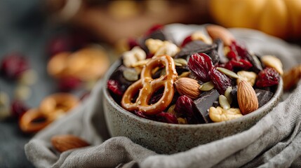 Delicious pumpkin spice trail mix featuring nuts, pretzels, chocolate and dried fruit in a cozy fall setting