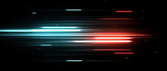 Abstract lines of blue and red light streak across a dark background, conveying motion and energy with small dots scattered throughout