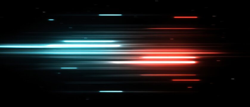 Abstract lines of blue and red light streak across a dark background, conveying motion and energy with small dots scattered throughout - Powered by Adobe