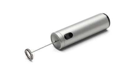 Sleek Silver Electric Milk Frother Isolated on a Clean White Background, Perfect for Culinary and Beverage Related Designs and Content