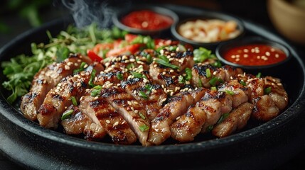 Grilled pork slices with various sauces and vegetables