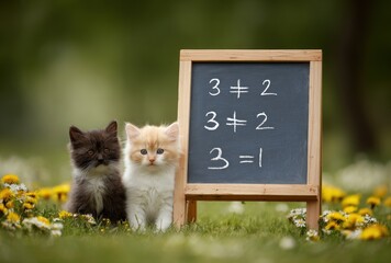 Two cute kittens sit beside a chalkboard with humorous math equations in a grassy field filled with dandelions