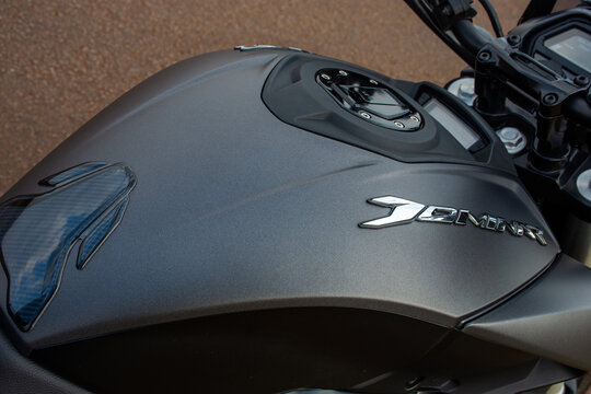 Mato Grosso do Sul, Brazil - September 14, 2022 - Black Bajaj Dominar 400 motorcycle on the road in the city of Laguna Carap&atilde;