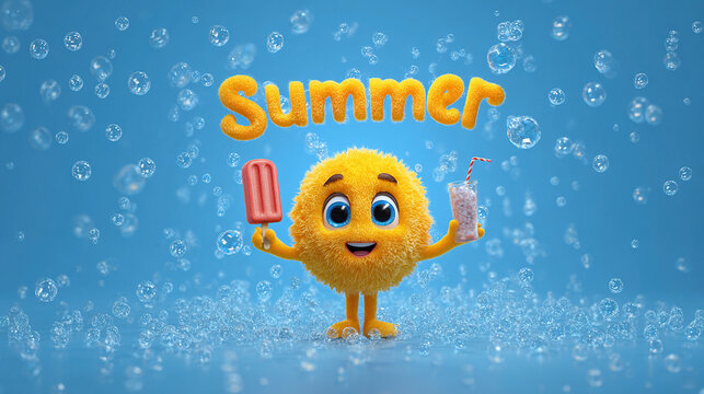 Cartoon Sun with Popsicle in Summer Style