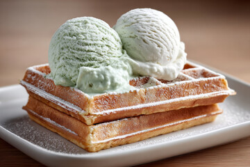 Delicious waffles layered with mint and vanilla ice cream, served on a white plate with a dusting of powdered sugar