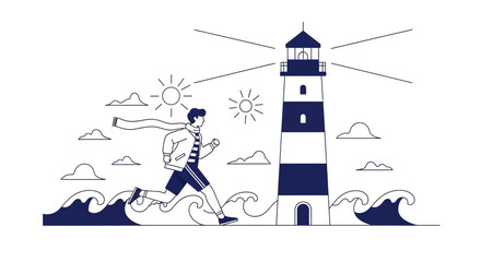 Coastal Runner Approaching The Lighthouse, A Vector Illustration Depicting Freedom And Journey
