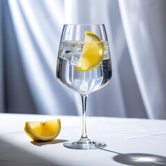 Elegant wine glass filled with ice and lemon slice, with lemon wedge nearby