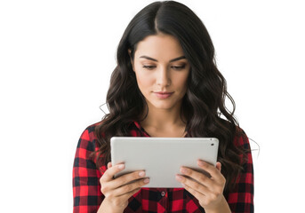 Young woman with wavy dark hair holding and looking at a tablet device transparent background