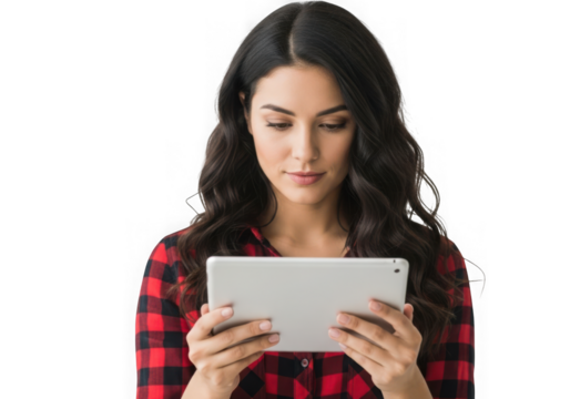 Young woman with wavy dark hair holding and looking at a tablet device transparent background - Powered by Adobe