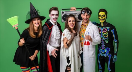 Group of friends in halloween costumes posing against a green backdrop