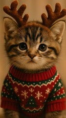 Fototapeta premium little cat wearing antlers and christmas sweater mobile wallpaper