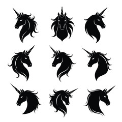 Set of nine black silhouette unicorn heads with flowing manes and horns.