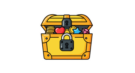 A vibrant cartoon illustration of an open golden treasure chest overflowing with coins gems and a heart secured with a dark padlock. © Ilma
