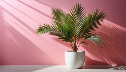 Obraz premium A Vibrant Palm Plant In A Simple White Pot Casts Striking Shadows On A Soft Pink Wall Creating A Serene And Modern Ambiance