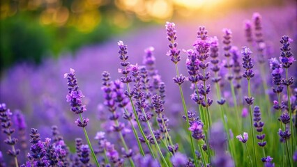Naklejka premium Serene Lavender Field at Golden Hour A Breathtaking Display of Purple Blossoms Basking in the Warm Sunset Light