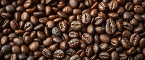 Obraz premium Close-up of rich brown coffee beans, showing texture and detail, background, background texture