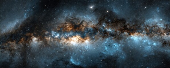 Panorama of a dark, galactic cluster with a broad, speckled band. Dusty orange and shimmering blue hues highlight the cosmic expanse