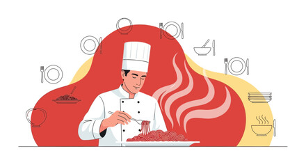 Chef Preparing Delicious Dish of Pasta with Conceptual Elements and Pleasant Colors
