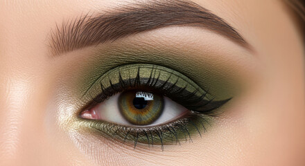 Obraz premium A high-detail, professional close-up photograph of a female eye with perfectly blended olive green eyeshadow