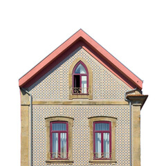Traditional Portuguese house isolated on white background. Facade with decorative tile azulejo