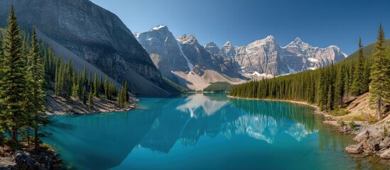 A serene vista showcases an alpine lake reflecting towering, snow-capped mountains, framed by lush, green evergreen forests under a clear blue sky