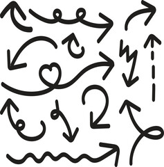 Hand-drawn doodle arrow set, black arrows in different directions, curved, straight, circular and wavy line art arrow collection, vector illustration for design and decoration