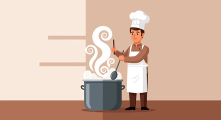 Chef Preparing Food Dish in Kitchen with Culinary Tools and Cooking Steam