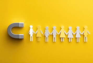 A gray horseshoe magnet pulls a row of paper-cutout people, alternating white and yellow, on a bright yellow background, illustrating attraction