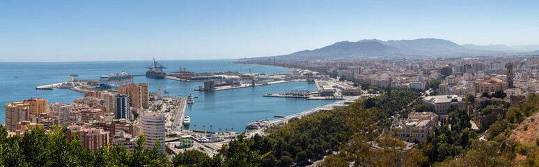 Fototapeta premium Malaga, Andalusia, Spain. 4 September 2025. View of Malaga city with bullring, port, and coastline