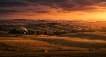 A beautiful golden sunrise over rolling green hills and fields in Tuscany, Italy, a classic and picturesque European countryside landscape.