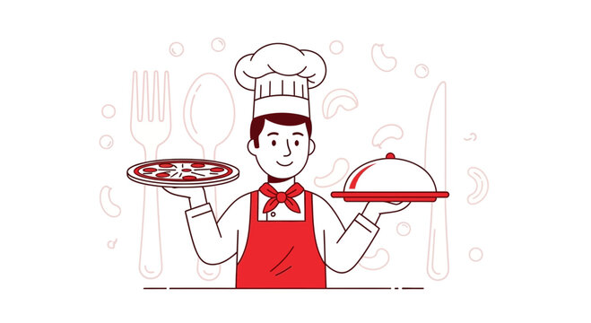 Cook Preparing Delicious Meals Including Pizza In A Modern And Elegant Style