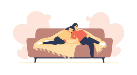 Obraz premium Couple Cuddled Together on a Sofa Beneath a Blanket, Romantic Scene of Relaxation