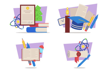 Collection of educational milestones featuring diploma, books, graduation cap, and other academic symbols. Value of learning and achievement concept