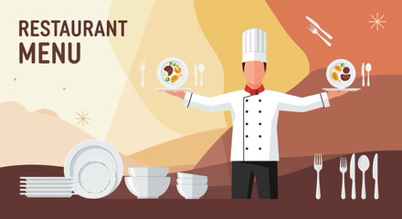 Chef Presenting Delicious Dishes, Restaurant Menu Advertisement, Culinary Showcase Illustration