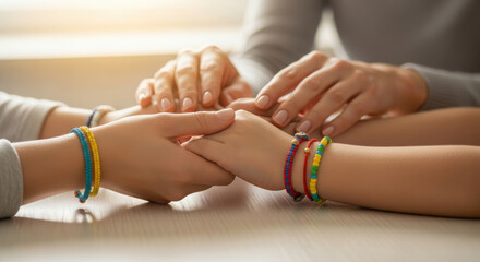 Family hands together on a table showing unity and care.