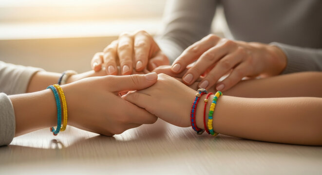 Family hands together on a table showing unity and care.