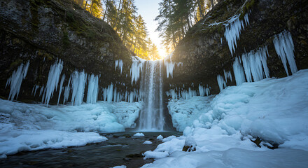 A beautiful frozen waterfall is framed by sharp icicles in a cold winter canyon, a magical and powerful scene of ice and water.
