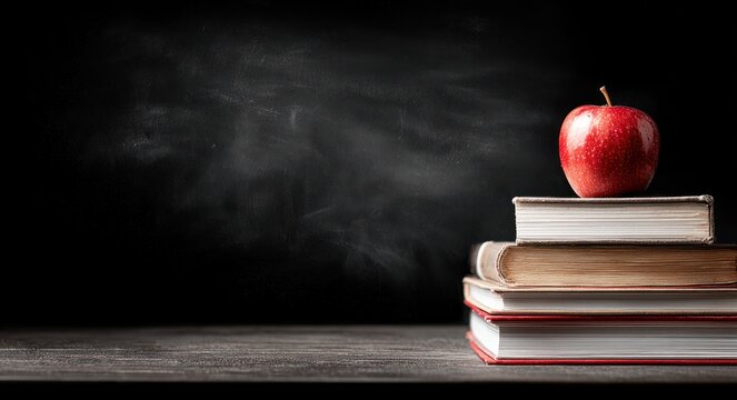 Red apple sits atop a stack of books against a dark chalkboard background, suggestive of education or knowledge