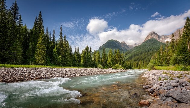 A Rocky Mountain River Flows Through The Forest On The Background Of Mountains Eco Nature Landscape With Mountains Forest And A River In Front Beautiful Scenery Generative Ai - Powered by Adobe