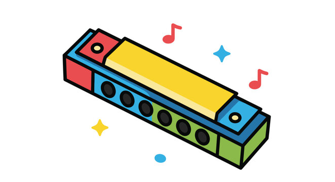 A colorful cartoon illustration of a toy harmonica with musical notes and sparkles.