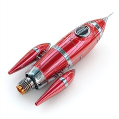 Sleek, red chrome rocketship model with silver accents, pointed nose, and two small wings, resting on a clean white background