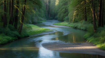 A winding river flows through a lush green forest with sunlight filtering through