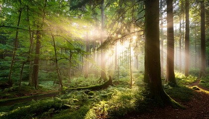 A Mesmerizing Scene Of An Enchanted Forest With Soft Sunlight Filtering Through Lush Trees Creating A Magical Ambiance Filled With Glowing Elements Perfect For Nature Lovers