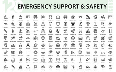 Emergency Support Professional Line Icon Set for support, rescue, safety, help, hotline, response, with Clean Outline Style.