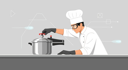 Chef Utilizing Pressure Cooker With Safety Measures For Culinary Processes Preparation