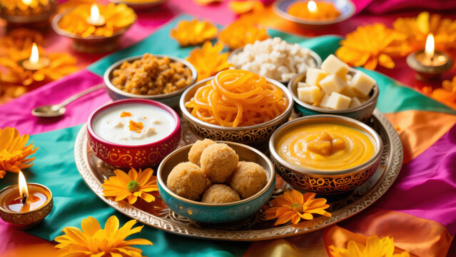 Dussehra sweets platter, traditional Indian desserts, festive celebration food, colorful decoration, diya lights, cultural holiday cuisine