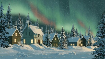 Fototapeta premium Snowy Village Under Aurora Borealis in Starry Night Sky